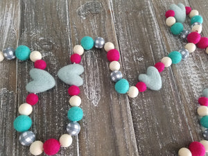 Valentines heart garland. Mint, pink and gray plaid. 5.5 ft. Heart decor.