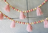Blush pink Tassel, Wood Bead, and Felt Ball Garland. Wood beads. 5ft.