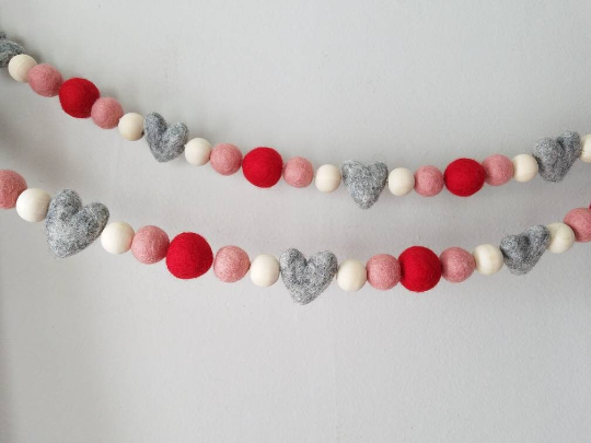 Gray Heart, red and blush valentines garland. 5ft