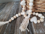 Wood bead garland, felt ball, white heart, tassels. 5.5 ft. Wedding.