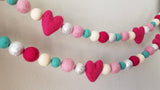 Pink and turquoise heart garland. Valentine garland. Felt hearts. Valentines decor. Heart banner. Pink and silver. 5ft