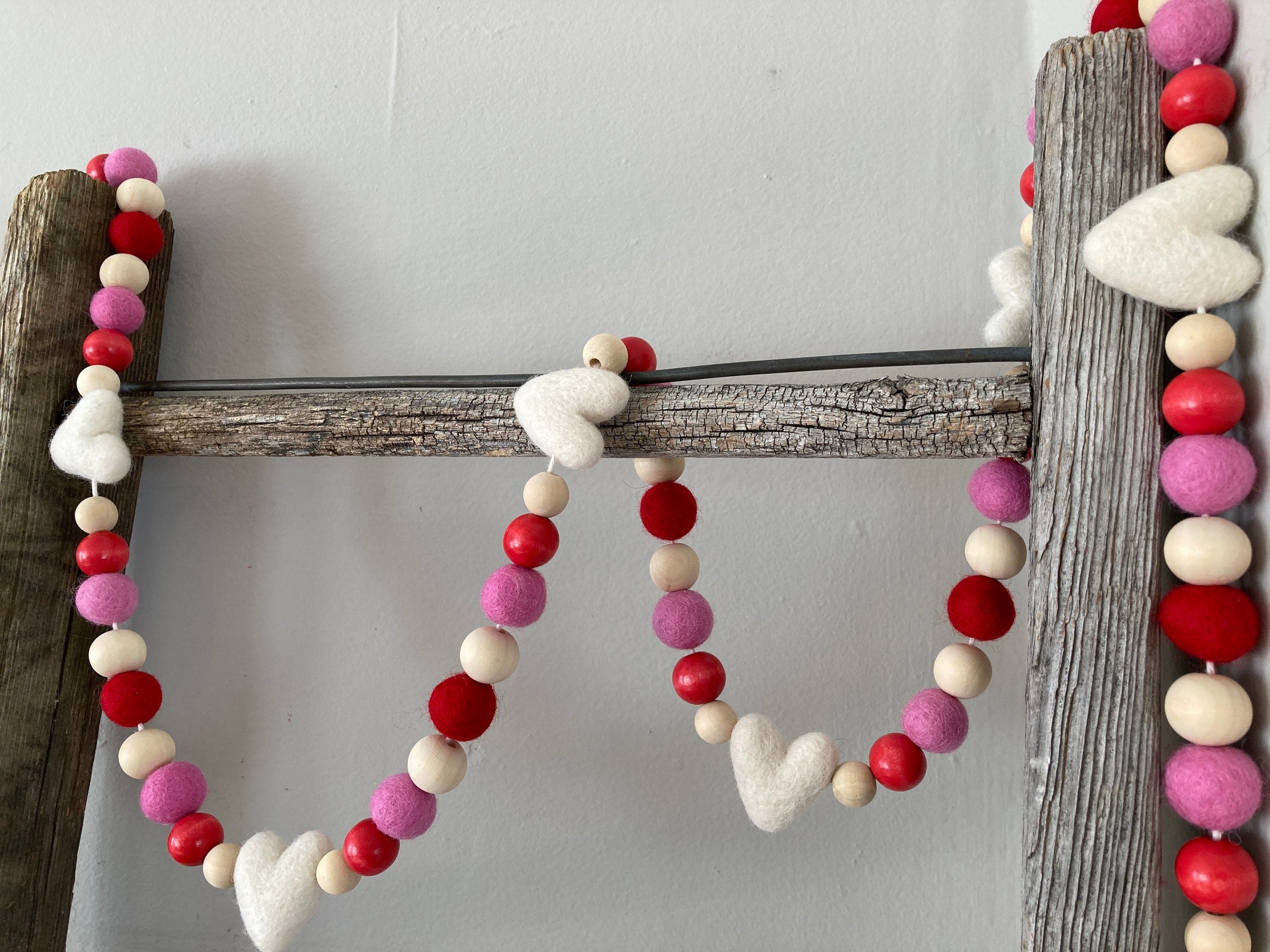 Valentines Day Decor-Red Pink Felt Heart Wood Beads Garland for Valentines  Decor