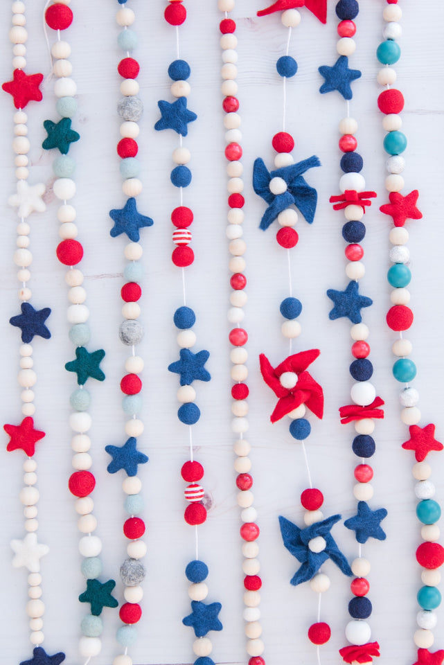 4th of July garland. American decor. Felt stars. Wood bead garland. Red, white & blue. 5ft.