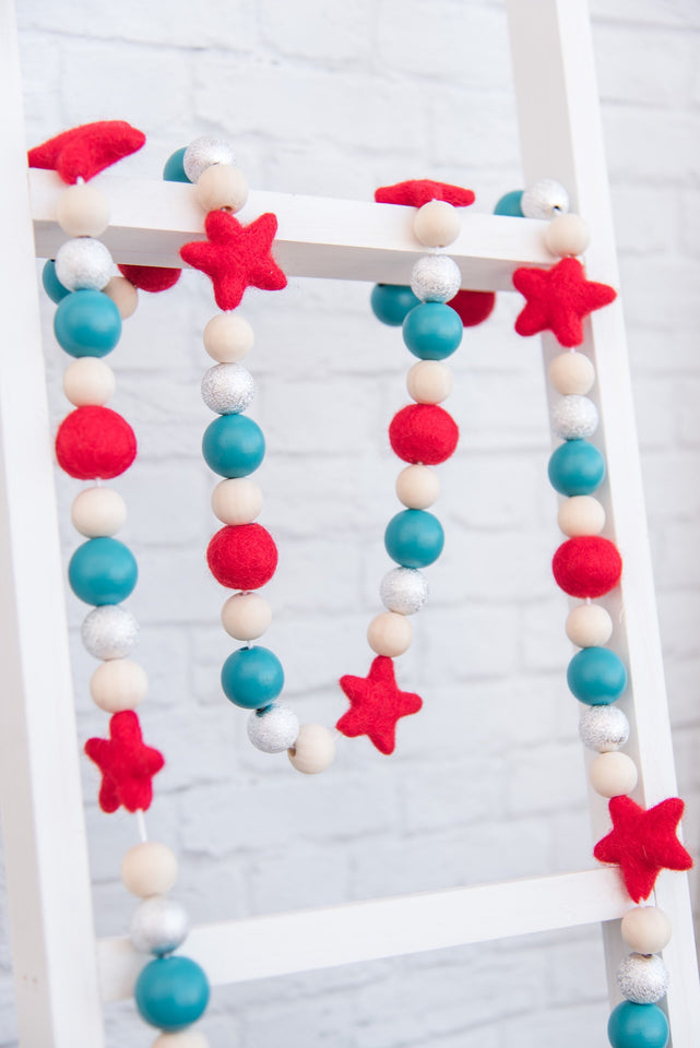 4th of July garland. American decor. Patriotic garland. Red, white & blue. 5ft.