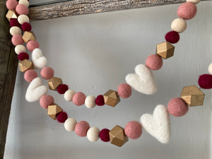 Heart garland. Blush, gold, maroon and white. Valentines garland. Heart. Wedding. 5 ft.