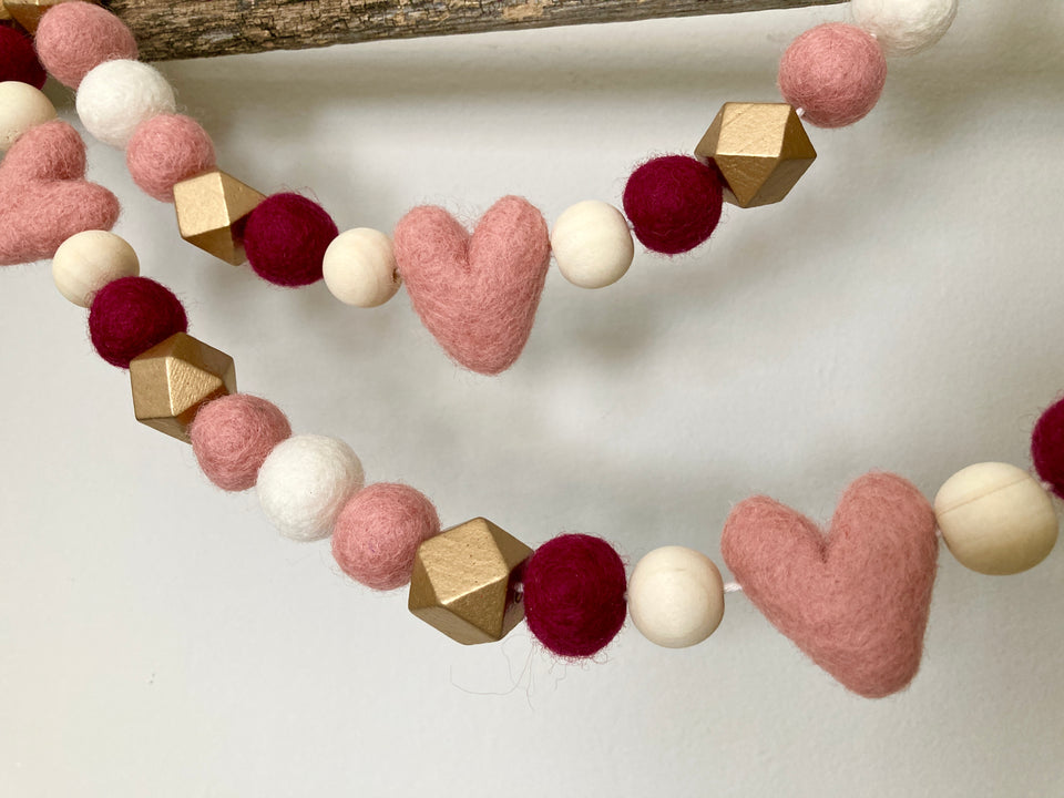 Pink heart garland. Blush, gold, maroon and white. Valentines. Heart. Wedding. 5 ft.