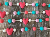 Coral, Turquoise and Pink heart garland. Valentine garland. Felt hearts. 5ft