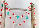 Red, pink and turquoise heart garland. Valentine garland.felt hearts. Valentines decor. 5ft